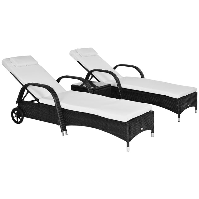 3er-Set Sonnenliegen – Polyrattan, Gartenmöbel in Schwarz & Creme