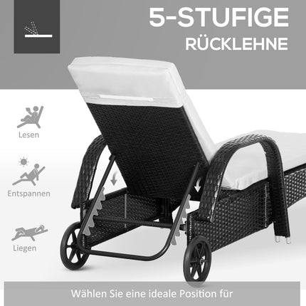 Ligstoel Tuinligstoel Tafel Set Van 3 Tuinmeubelen, Poly Rattan + Metaal Zwart + Crème Wit
