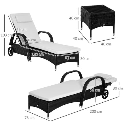 Ligstoel Tuinligstoel Tafel Set Van 3 Tuinmeubelen, Poly Rattan + Metaal Zwart + Crème Wit