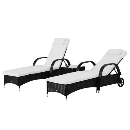 Ligstoel Tuinligstoel Tafel Set Van 3 Tuinmeubelen, Poly Rattan + Metaal Zwart + Crème Wit
