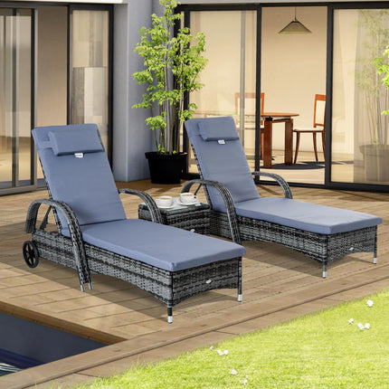 Outdoor sun lounger set, 3-piece, gray poly rattan & metal
