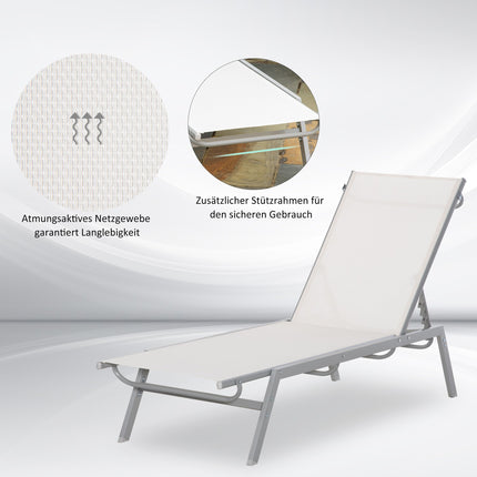 Adjustable sun lounger with cushion, cream white, metal mesh