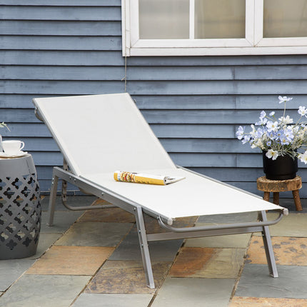 Adjustable sun lounger with cushion, cream white, metal mesh