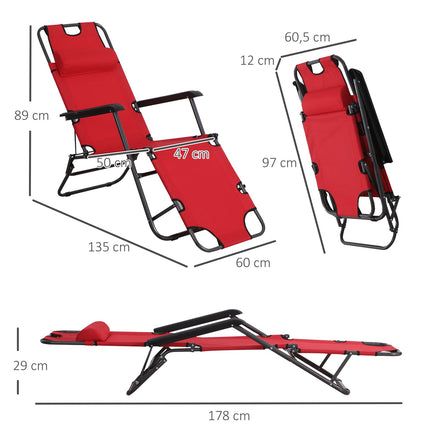 Ligstoel Met Kussen, Opklapbare Strandligstoel, 2-Laags Tuinligstoel, 2-In-1 Relaxligstoel, Metaal + Oxford Stof, Rood 135 X 60 X 89 Cm