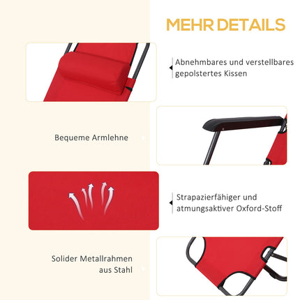 Ligstoel Met Kussen, Opklapbare Strandligstoel, 2-Laags Tuinligstoel, 2-In-1 Relaxligstoel, Metaal + Oxford Stof, Rood 135 X 60 X 89 Cm