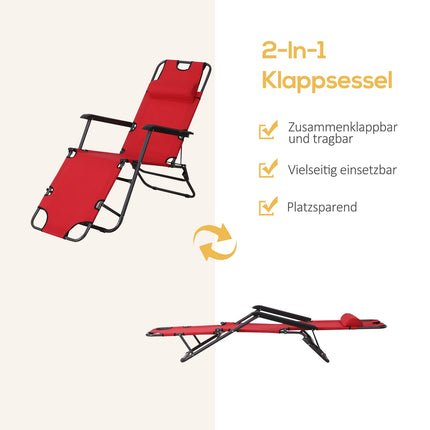 Ligstoel Met Kussen, Opklapbare Strandligstoel, 2-Laags Tuinligstoel, 2-In-1 Relaxligstoel, Metaal + Oxford Stof, Rood 135 X 60 X 89 Cm