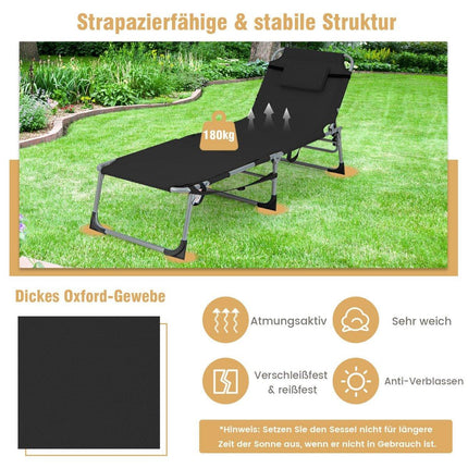 Sonnenliege mit Gesichtsöffnung, klappbare Gartenliege mit verstellbarer Rückenlehne und Fußstütze, Schwarz