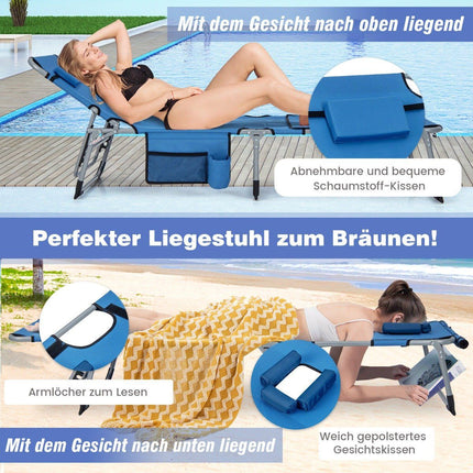 Sonnenliege mit Gesichtsöffnung, klappbare Gartenliege mit verstellbarer Rückenlehne und Fußstütze, Blau