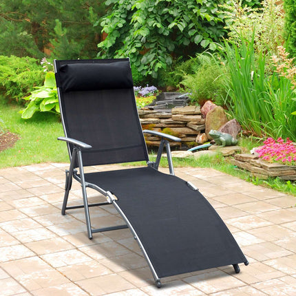 Folding beach chair with cushion, black metal and fabric