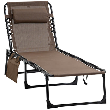 Folding sun lounger with cushion & pocket - weatherproof, brown