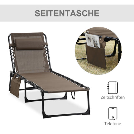 Folding sun lounger with cushion & pocket - weatherproof, brown