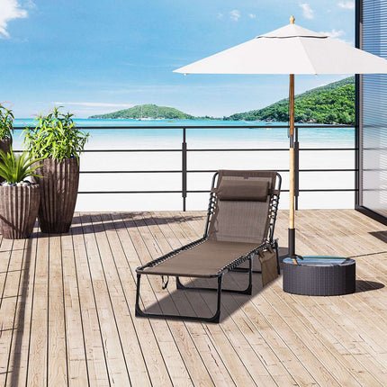 Folding sun lounger with cushion & pocket - weatherproof, brown