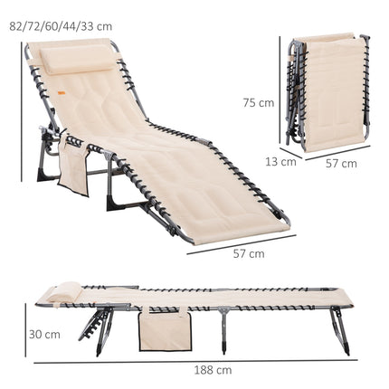 Ligstoel, opklapbare tuinligstoel met kussen, zijvak, ligstoel met 5-voudig verstelbare rugleuning, weerbestendige campingligstoel belastbaar tot 130 kg, voor tuin, strand, zwembad, beige Aosoom