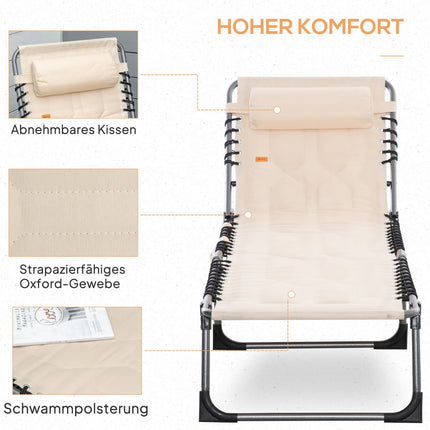 Ligstoel, opklapbare tuinligstoel met kussen, zijvak, ligstoel met 5-voudig verstelbare rugleuning, weerbestendige campingligstoel belastbaar tot 130 kg, voor tuin, strand, zwembad, beige Aosoom