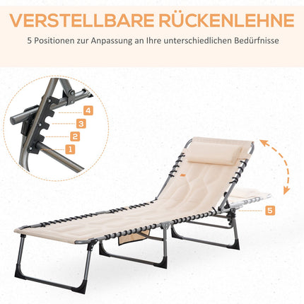 Ligstoel, opklapbare tuinligstoel met kussen, zijvak, ligstoel met 5-voudig verstelbare rugleuning, weerbestendige campingligstoel belastbaar tot 130 kg, voor tuin, strand, zwembad, beige Aosoom