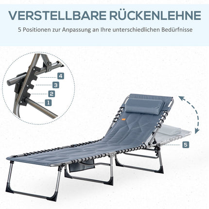 Klappbare Sonnenliege mit Kissen & Seitentasche, grau