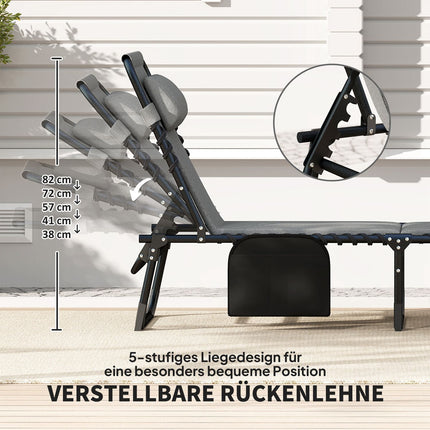 Ligstoel opvouwbare tuinligstoel met zijvak met kussen, gestoffeerde ligstoel met 5-voudig verstelbare rugleuning, weerbestendige campingligstoel met een draagvermogen tot 120 kg, voor tuinstrand donkergrijs Aosom