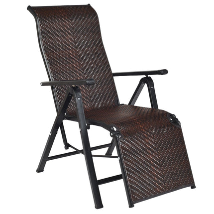 Sun lounger rattan folding deck chair with adjustable backrest brown