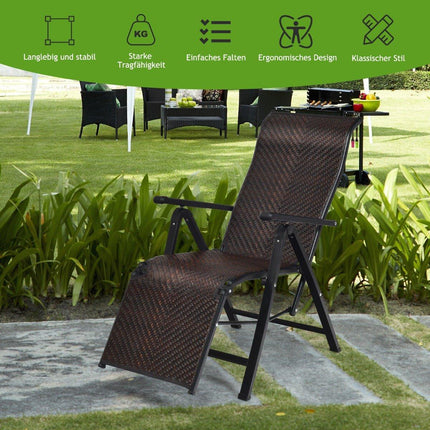 Sun lounger rattan folding deck chair with adjustable backrest brown