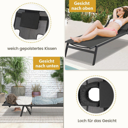 Sonnenliege mit Gesichtsöffnung Gartenliege mit 5-fach verstellbarer Rückenlehne schwarz