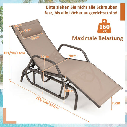 Sonnenliege mit Wippfunktion, Gartenliege mit verstellbarer Rückenlehne, braun