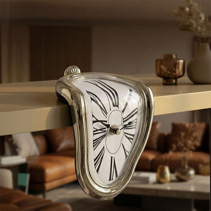 Surrealist Silver Table Clock – Curved Design, Battery-Powered