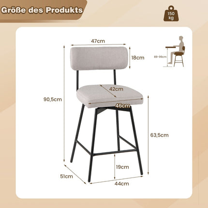 Drehbare Barhocker, 2er-Set, Beige, Leinenpolsterung