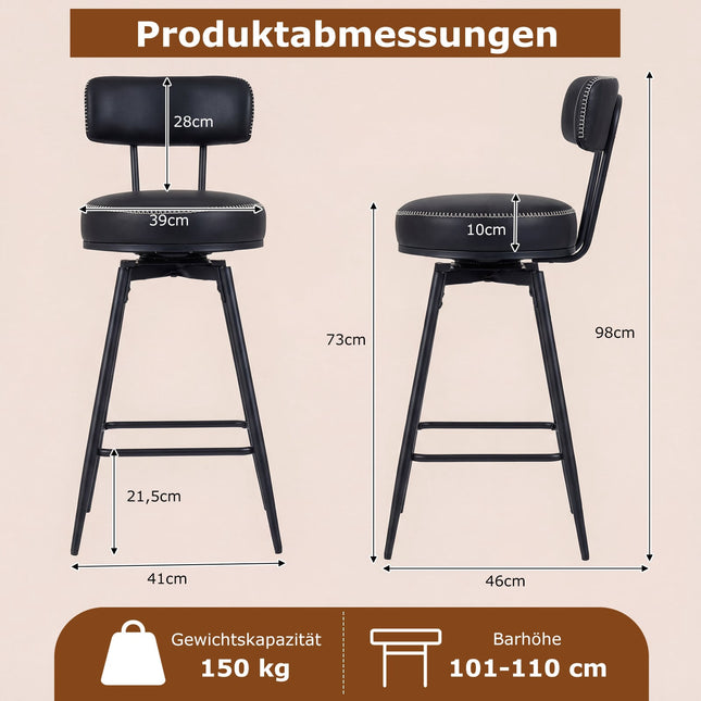 2er-Set drehbare Barhocker, schwarzes Kunstleder, 360° drehbar