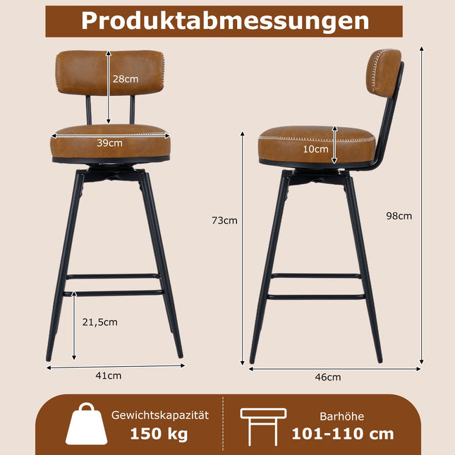 Drehbare Barhocker, 2er-Set, Kunstleder, Braun, 360° drehbar