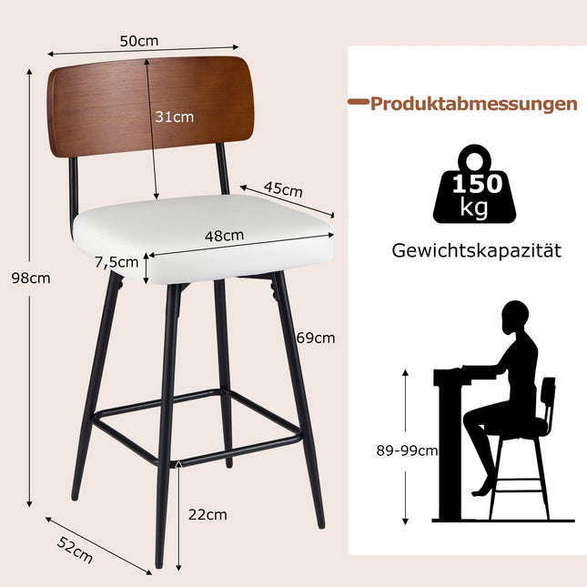 2er-Set drehbare Barhocker, weißes Kunstleder, ergonomisch