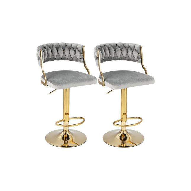 Drehbare Barhocker, 2er-Set, geflochtene Rückenlehne, Grau-Gold, 61-81 cm