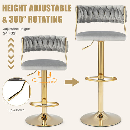 Drehbare Barhocker, 2er-Set, geflochtene Rückenlehne, Grau-Gold, 61-81 cm