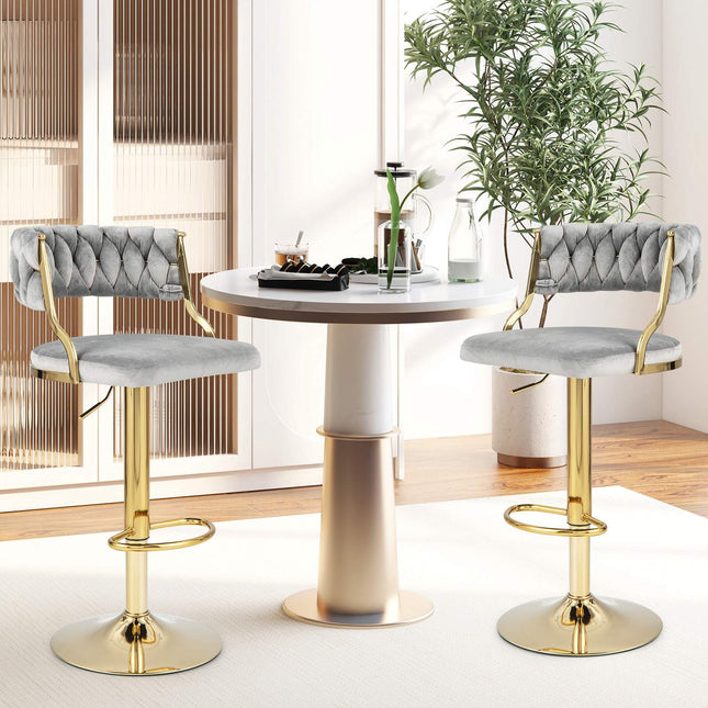 Drehbare Barhocker, 2er-Set, geflochtene Rückenlehne, Grau-Gold, 61-81 cm