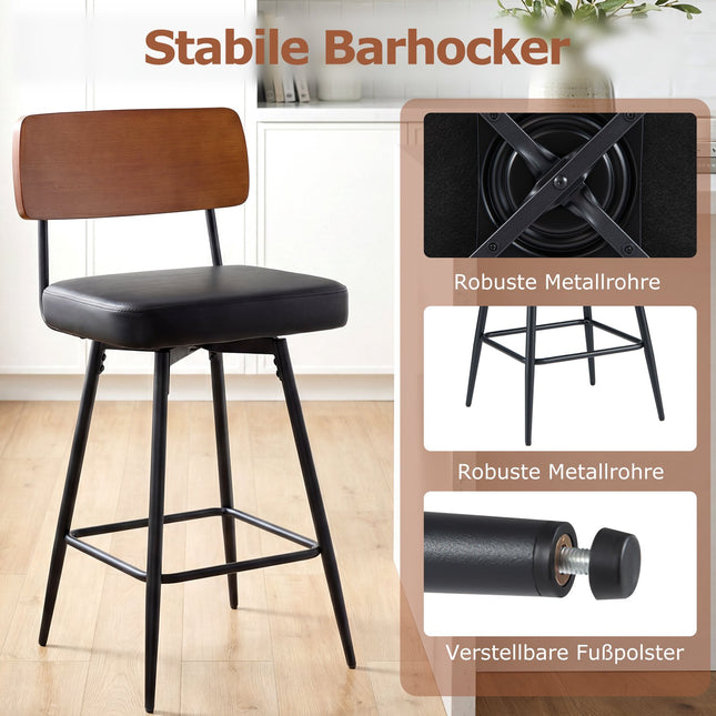 Drehbare Barhocker, 2er-Set mit gepolsterter Rückenlehne, Schwarz