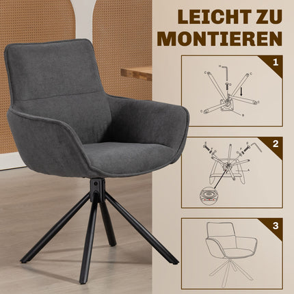 Esszimmerstuhl-Set, 2 Stück, drehbar, gepolstert, Armlehnen, Dunkelgrau