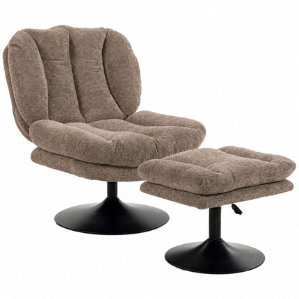 Swivel Lounge Chair with Height-Adjustable Footstool, Textured Velvet, Brown