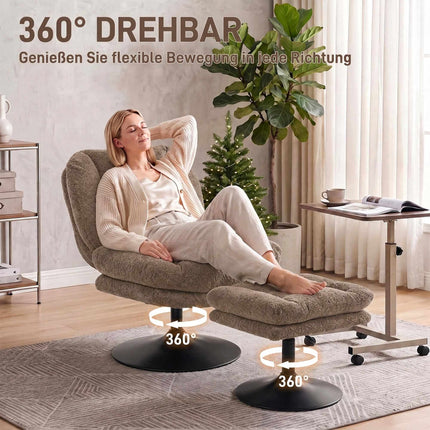 Swivel Lounge Chair with Height-Adjustable Footstool, Textured Velvet, Brown