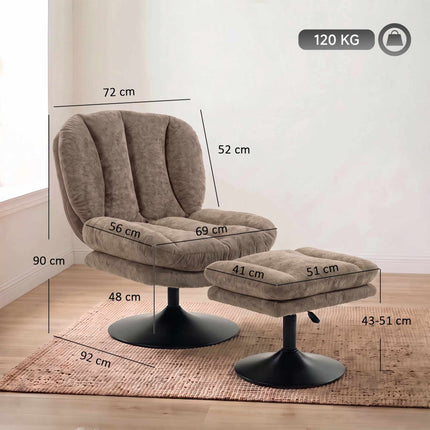 Swivel Lounge Chair with Height-Adjustable Footstool, Textured Velvet, Brown