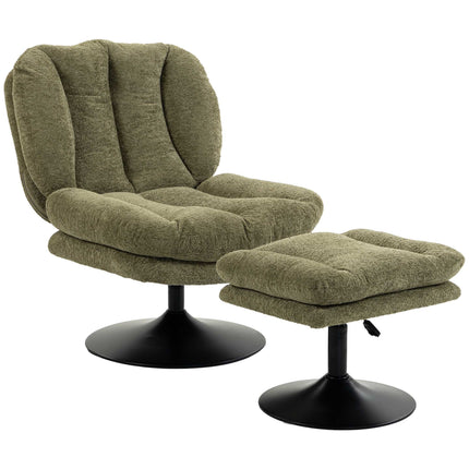 Swivel Lounge Chair with Height-Adjustable Footstool, Textured Velvet, Green