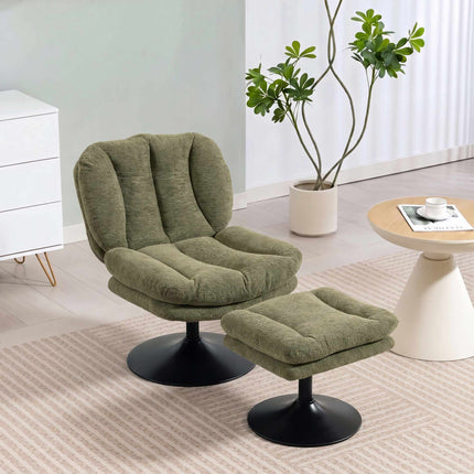 Swivel Lounge Chair with Height-Adjustable Footstool, Textured Velvet, Green