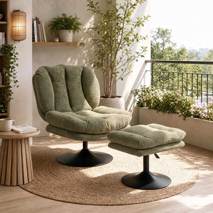 Swivel Lounge Chair with Height-Adjustable Footstool, Textured Velvet, Green