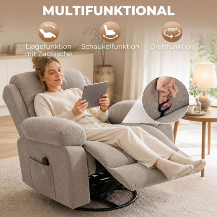 Swivel Massage Recliner Chair with Heat and 145° Recline, Beige, Chenille Look