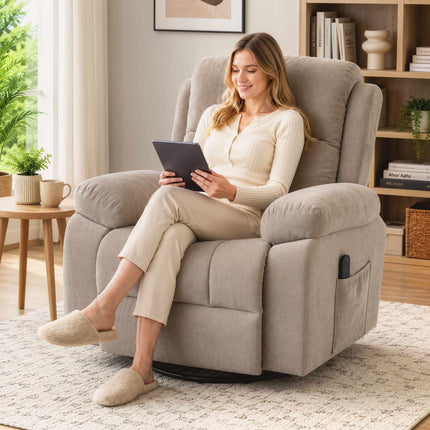 Swivel Massage Recliner Chair with Heat and 145° Recline, Beige, Chenille Look