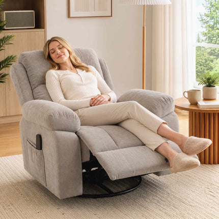 Swivel Massage Recliner Chair with Heat and 145° Recline, Beige, Chenille Look