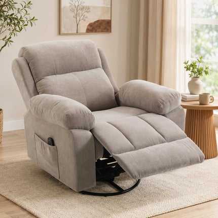 Swivel Massage Recliner Chair with Heat and 145° Recline, Beige, Chenille Look