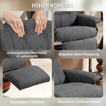 Drehbarer Relaxsessel, Leinenoptik, Fußstütze, Grau