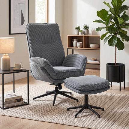 Swivel Recliner Chair with Footstool, 130° Reclining, Steel Frame, Grey