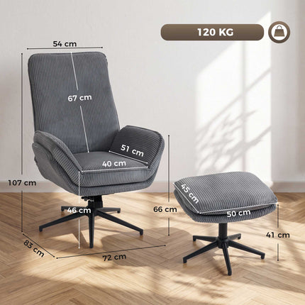 Swivel Recliner Chair with Footstool, 130° Reclining, Steel Frame, Grey