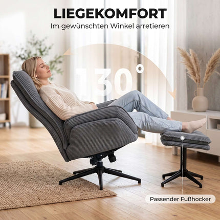 Swivel Recliner Chair with Footstool, 130° Reclining, Steel Frame, Grey