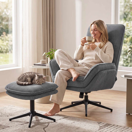 Swivel Recliner Chair with Footstool, 130° Reclining, Steel Frame, Grey